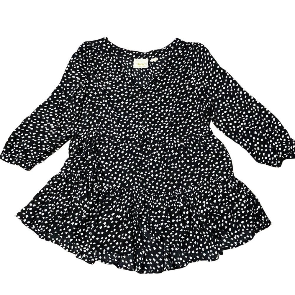 Maeve Anthropologie Black White Print Blouse Tiered Long Sleeve Women's M